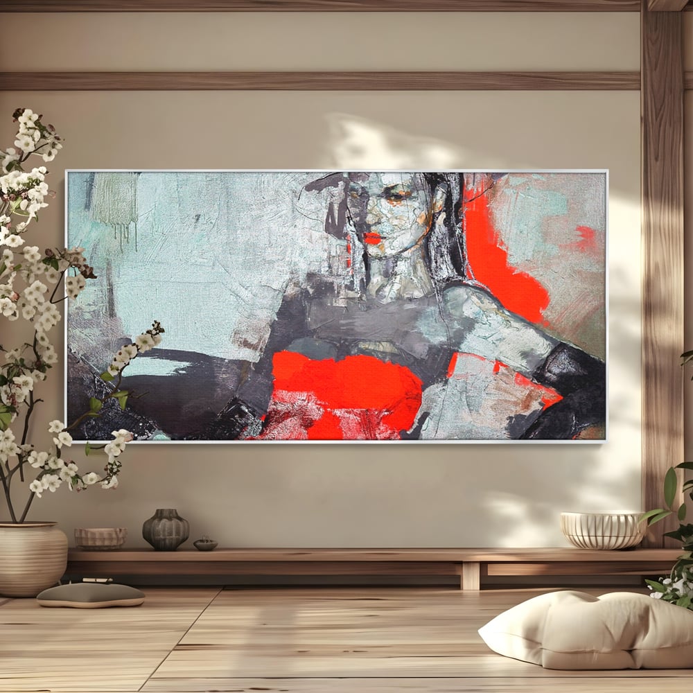 Tablou canvas cu tablou canvas cu portretul unei femei in rosu si negru, in rama de aluminiu argintiu